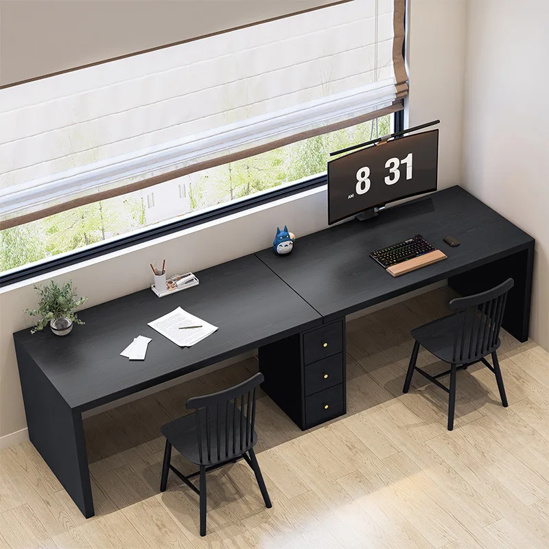 

Italian light luxury bedroom against the wall study computer desk black solid wood super long desk integrated student home desk