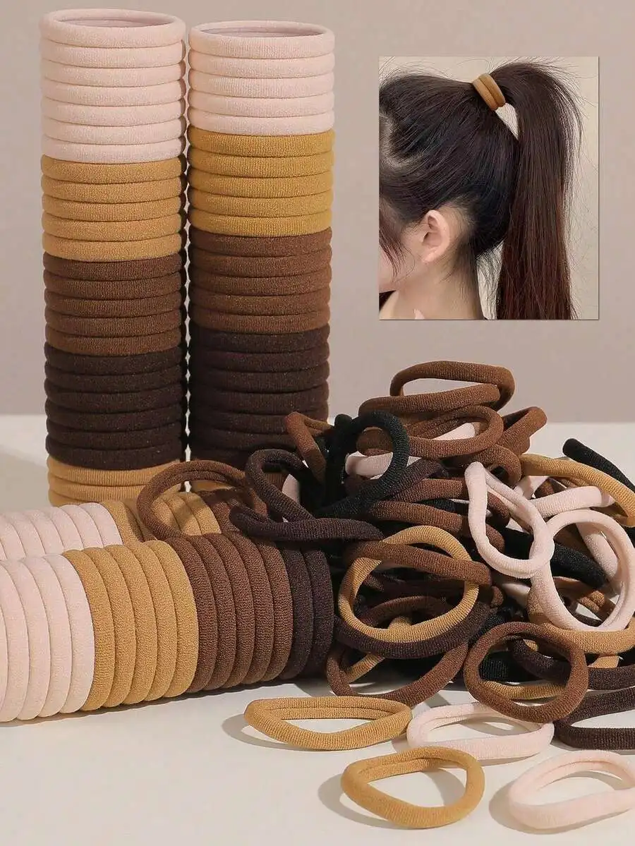 

200pcs Solid Color Elastic Hair Ties for Women, Girls & Kids – Thick Seamless Ponytail Holders in Neutral Tones