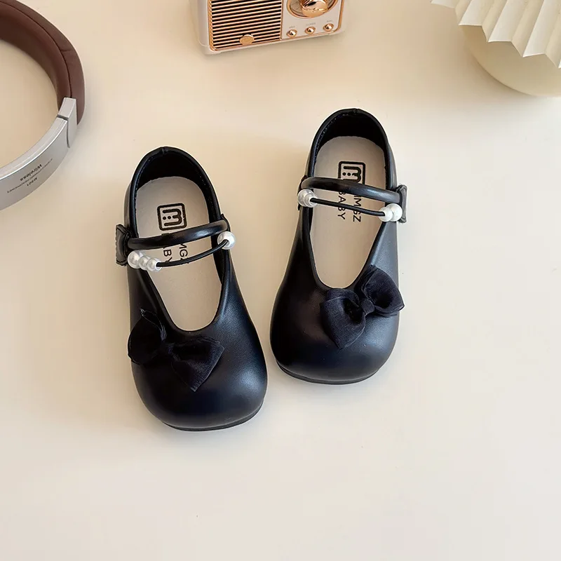 

Children Spring Summer Strappy Leather Shoes Girls Square Toe Velcro Breathable Shoes Girls Soft Soles Pearl Bow Princess Shoes