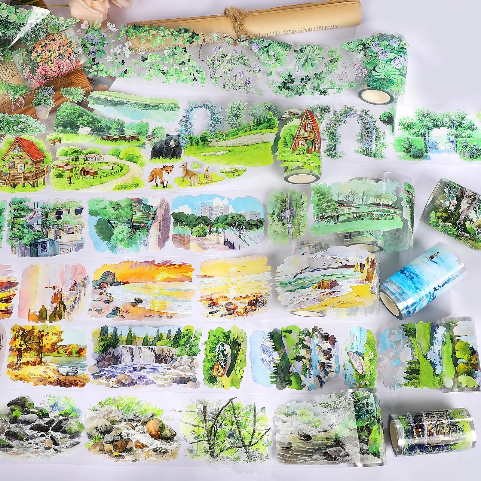 Vintage Foresta Pianta Casa Mare Alba Paesaggio Nastro in PET Creativo Diario fai da te Materiale Collage Scrapbook Cancelleria