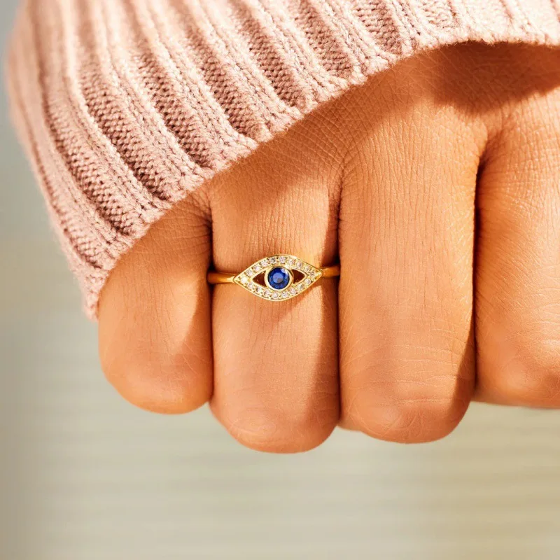 Anillo de protección contra el mal de ojo chapado en oro Zirconia azul brillante anillos turcos espirituales para mujeres joyería de amuleto de Nazar griego