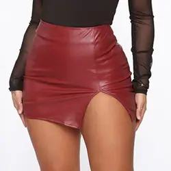 Leather Slim Mini Skirt Sexy Fashion PU Hot Short High Waist Skirt Korean Nightclub Faux Leather High Waist Split Skinny Skirt