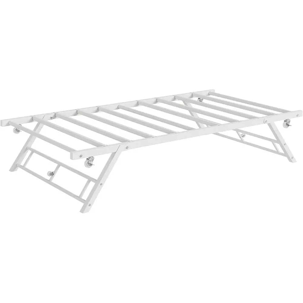 

White Twin Size Trundle Bed with Locking Wheels and Metal Platform