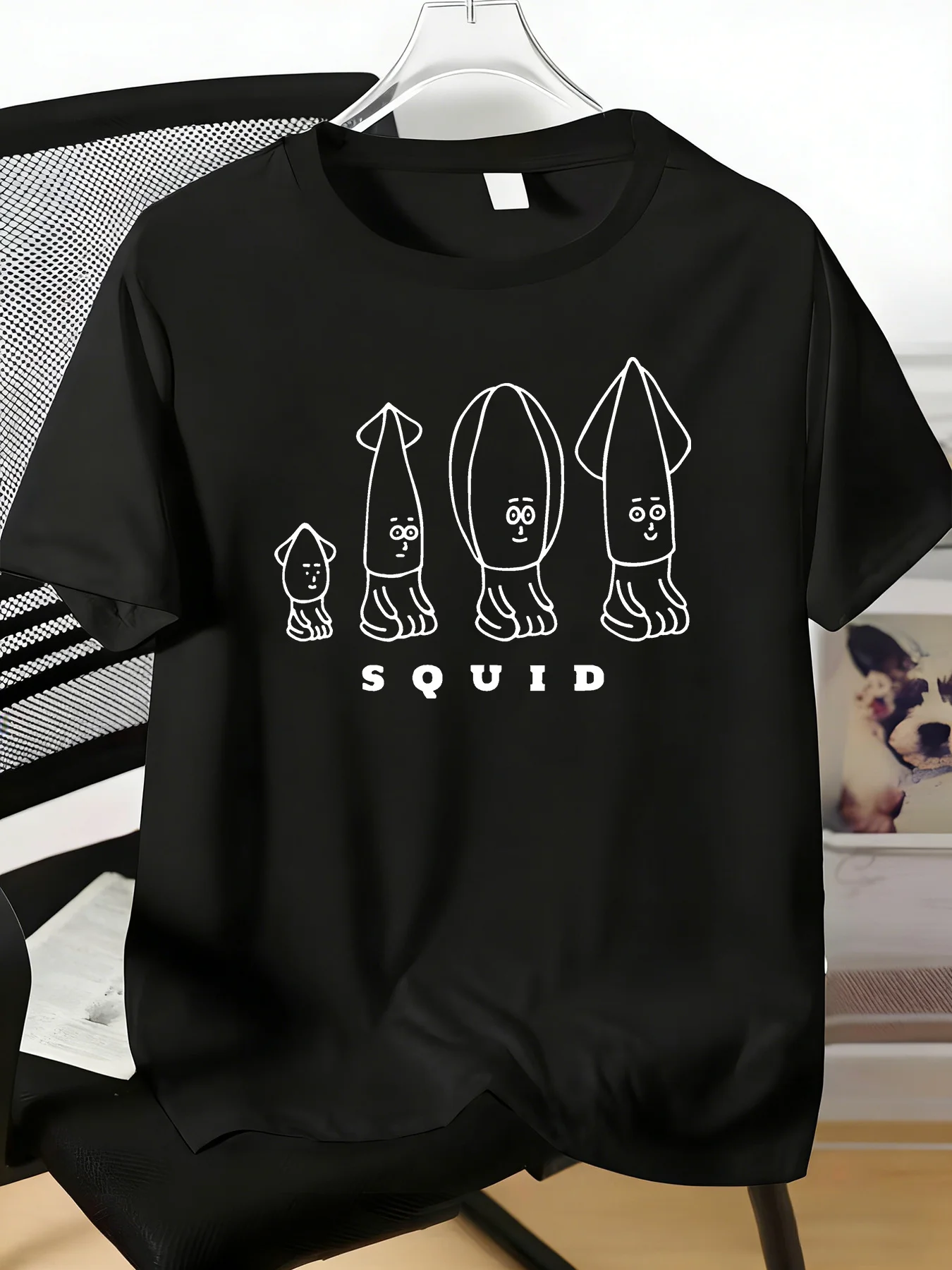 Minimal Line Art Squid Family Graphic Mens Light Cotton Short Sleeve Crew Neck Tee Casual Daily Top For Seafood Enthusiast Male