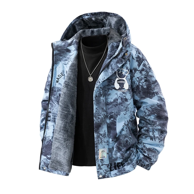 

Windproof plus velvet jacket for men's winter clothing, warm and fashionable camouflage workwear jacket, waterproof hooded top