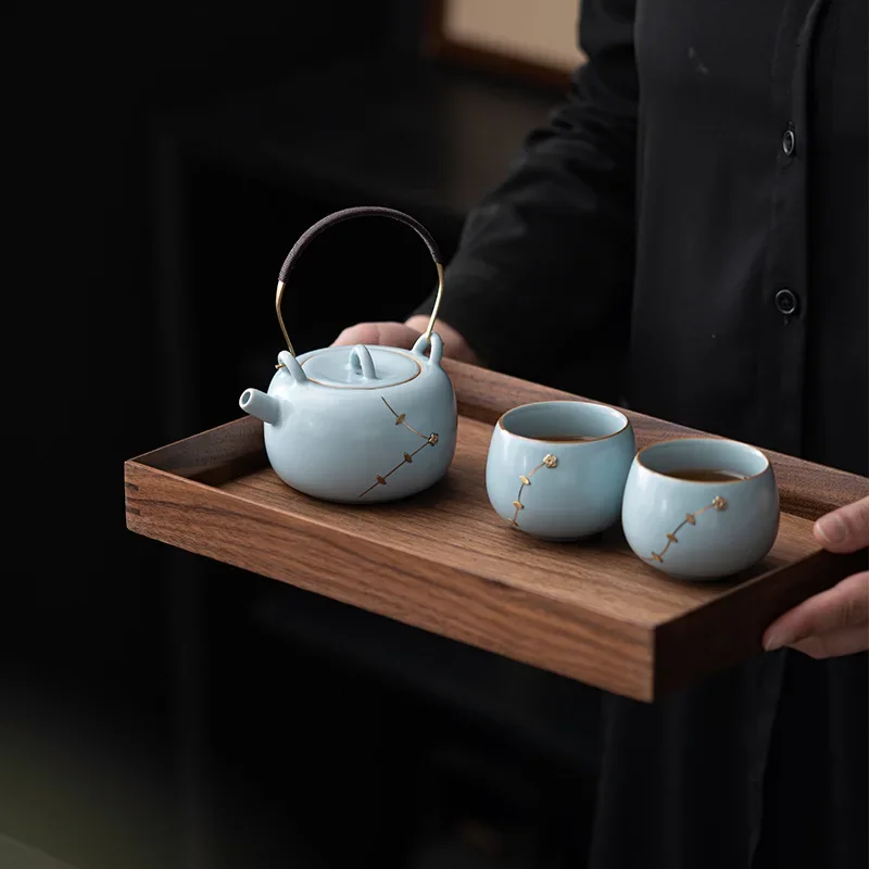 Chinese Teaset Nail Craftsmanship Ru Kiln One Pot Two Cups Kung Fu Tea Set Pieces Can Be Opened to Raise Handle of the Teapot