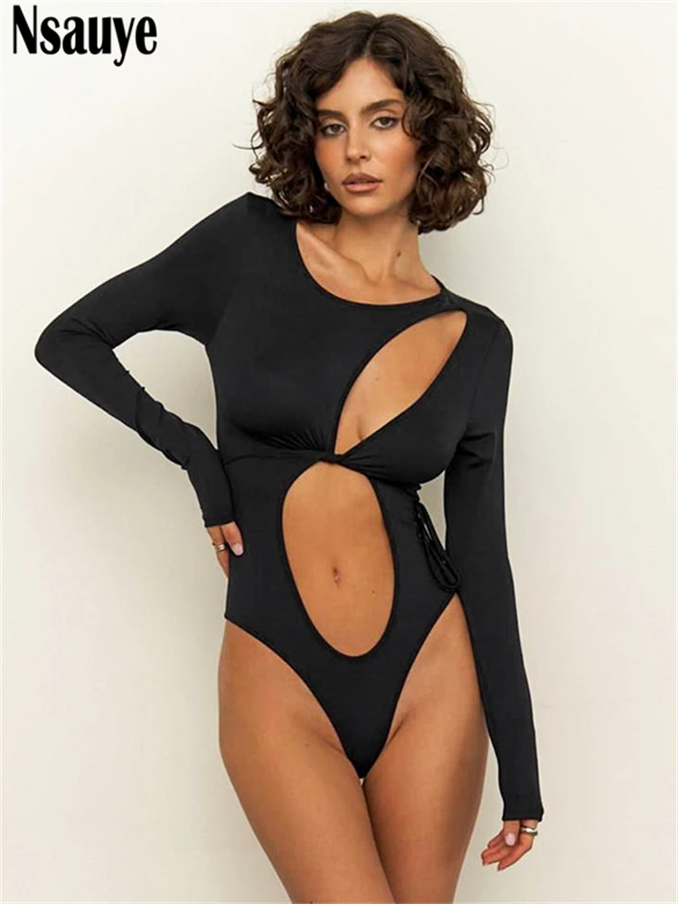 Nsauye 2024 New Women Long Sleeve Bodycon High Waisted One Pieces Y2K Bodysuit Woman Tops Hollow Out Club Autumn Rompers Outfits