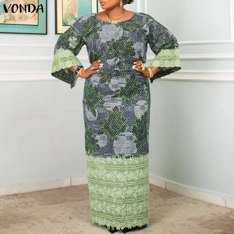 

VONDA Fashion Women Plus Size Dress Summer 3/4 Sleeve Print Dresses Casual Loose Vestidos Long Maxi Dress Party OL Streetwear