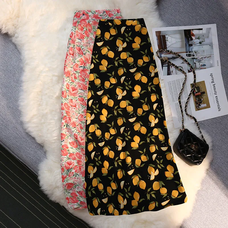 Lemon Print Mermaid Long Skirts for Women 2024 New Spring Summer Elegant Ladies High Waist Back Zipper Black Midi Skirt