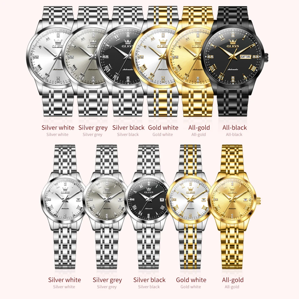 OLEVS 7062 Couple Watches Top Brand Fashion Original Automatic Mechanical Wristwatch Waterproof Luminous Date Roman Dial Reloj