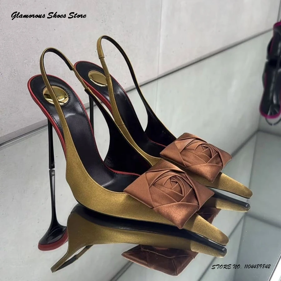 

Silk Flower Appliques Satin Slingback Stilettos Women's Pointed Toe Thin High Heels Shoes Summer Fashion Runway Party Pumps
