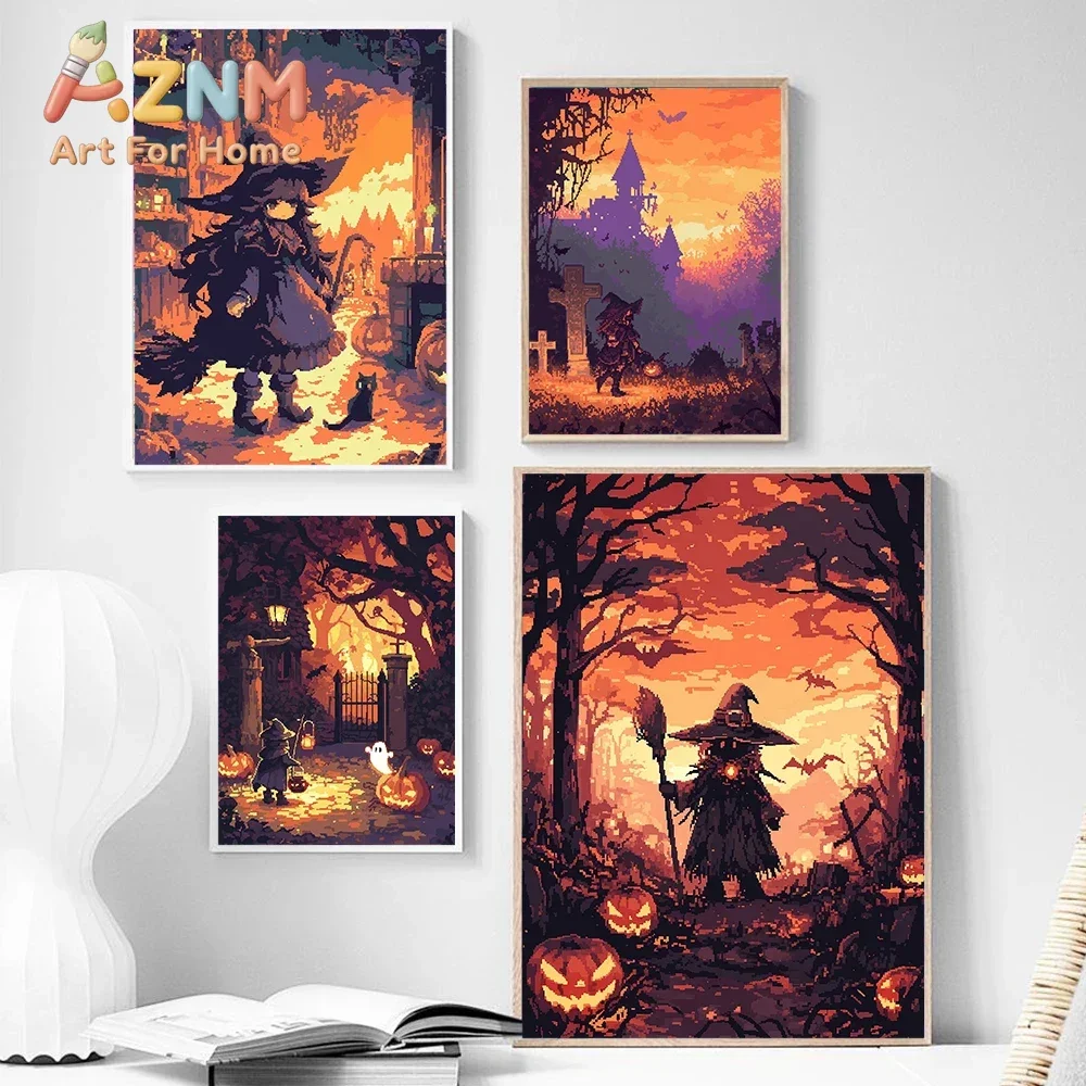 Pixel Witch Pumpkin Halloween Potion Castle Posters and Prints Canvas Painting Wall Art Pictures Home Room Modern Travel Decor