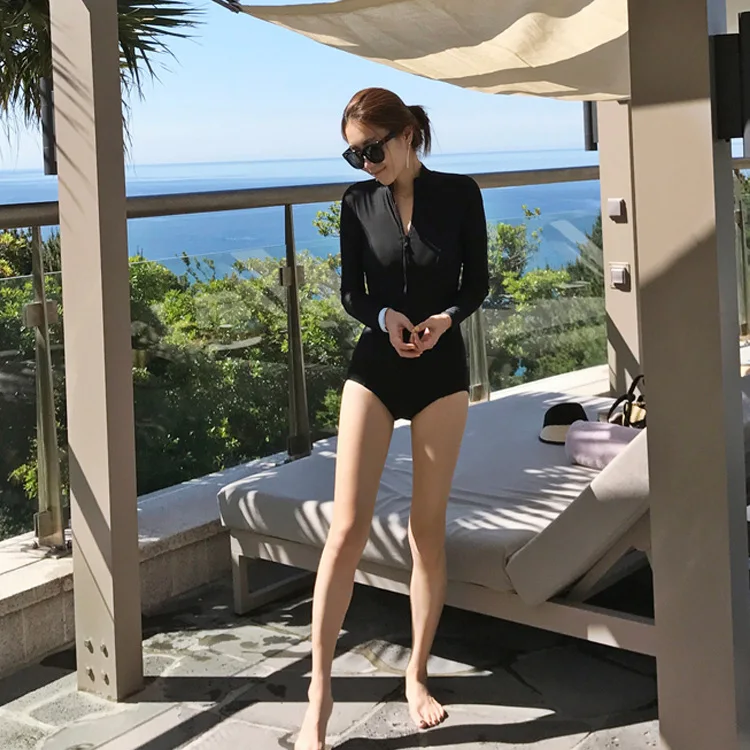 

Черный гидрокостюм на молнии с длинными рукавами для серфинга, женский облегающий костюм для дайвинга, студенческий купальник с защитой от солнца для плавания и отдыха