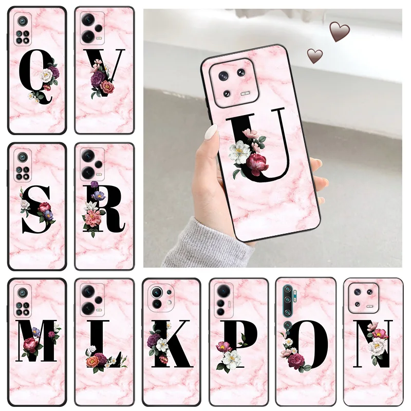 Silicone Soft Phone Case for Redmi Note 13 Pro 4G 5G 12 12c 13c Xiaomi 12t 12x 13Lite 12Lite Letters N-T Flower Initial Cover