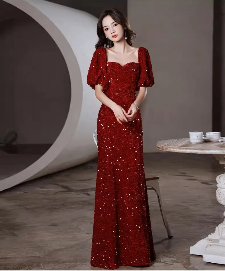 ASL-85#Evening Dress for Women 2024 New Style Banquet High end French Wine Red Glitter Annual Meeting Host Dress Cheap Wholesale