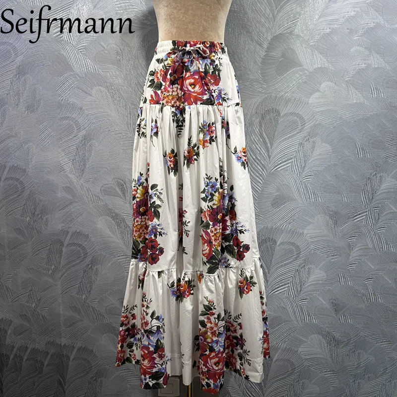 

Seifrmann 2026 Весенняя женская одежда: Новая модная длинная юбка-миди из хлопка с эластичным поясом и принтом