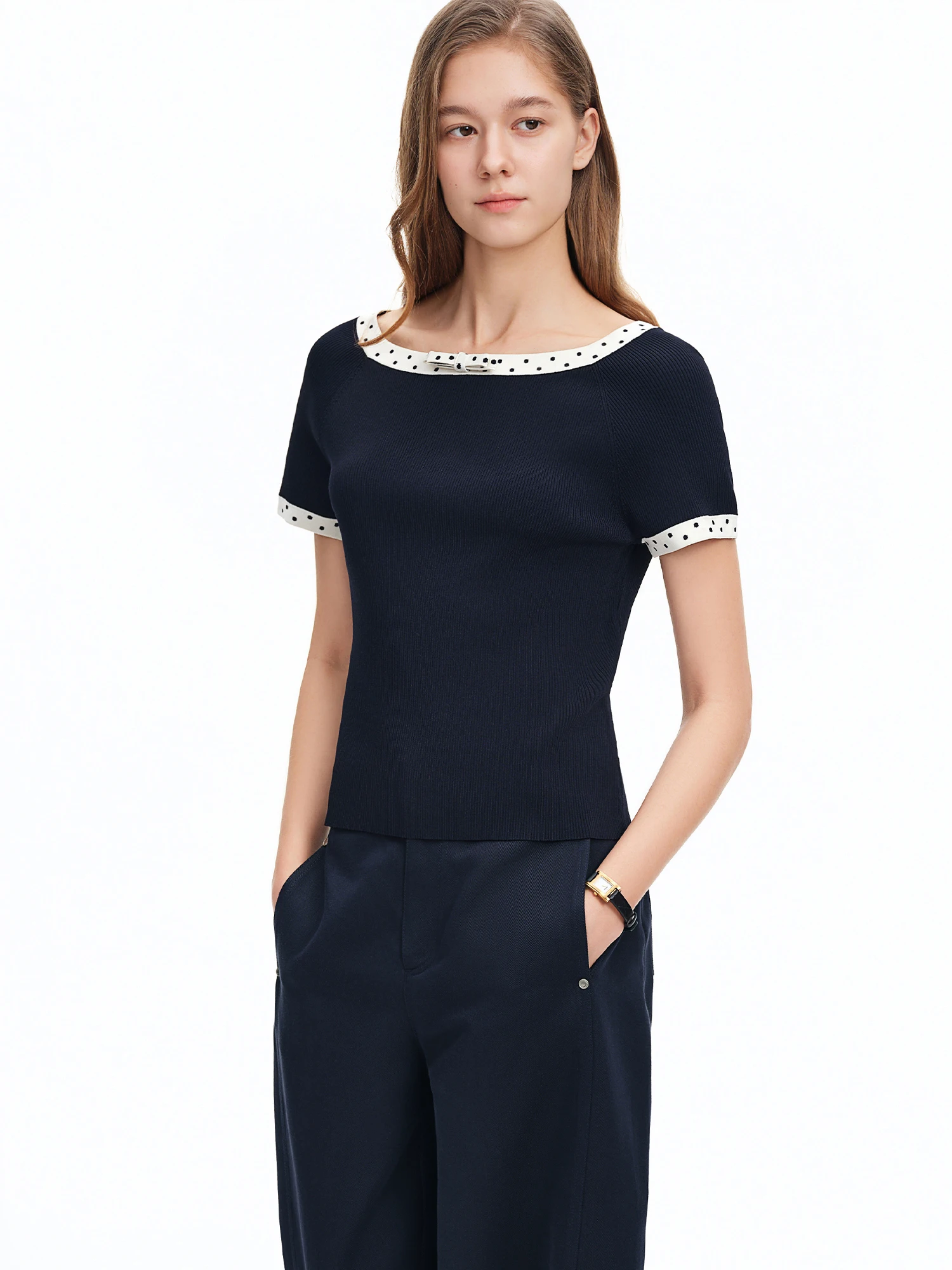 DUSHU 2026 Summer Women's Color Block Polka Dot Panel Knit Top Round Neck and Short Sleeve - Elegant Commuter Style for Office