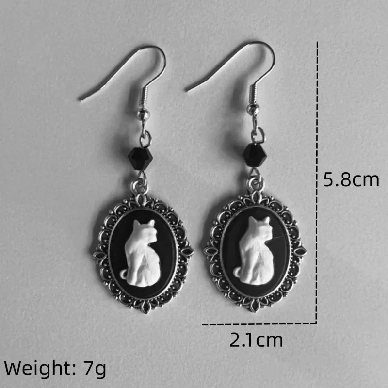 Vintage Gothic White Cat Raven Pattern Drop Earrings Women Punk Silver Color Frame Creative Earrings Party Jewelry Accessories