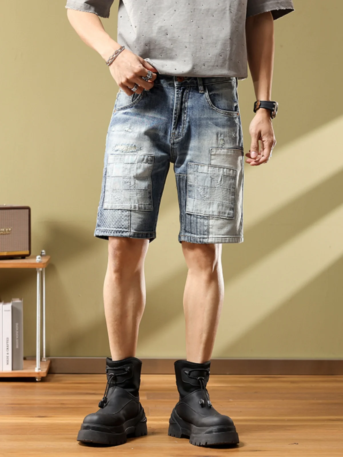 

Summer New Patchwork Jeans orts Men Loose Straight American High Street Cool Casual Five-Quarter Trendy Cotton Stretch
