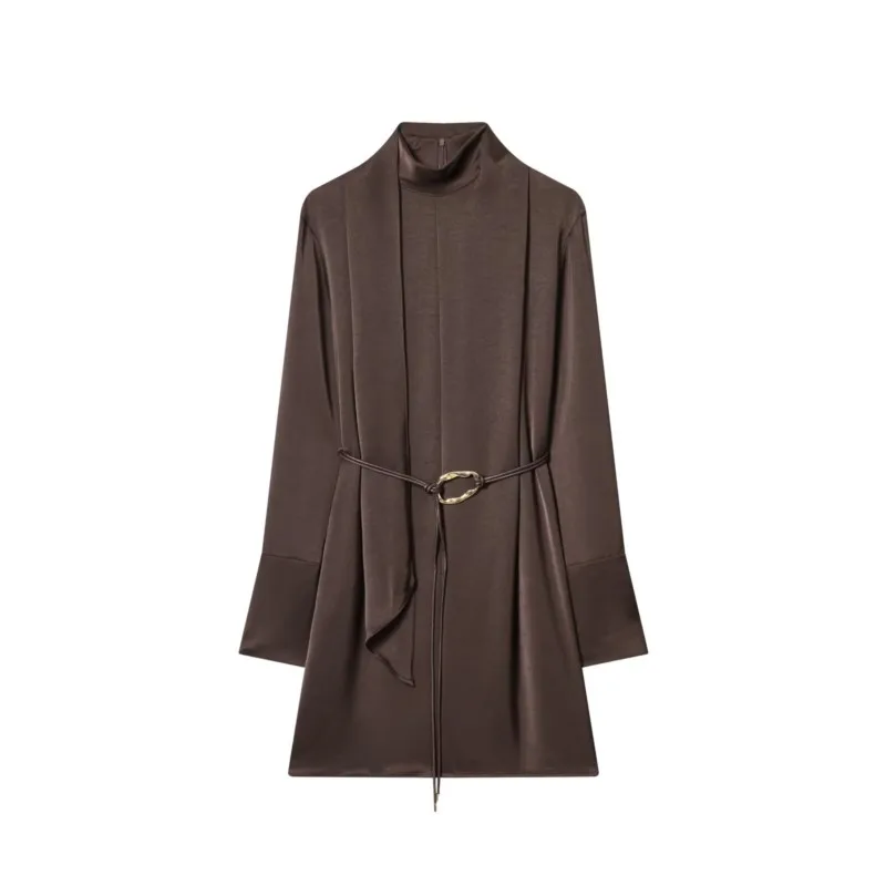 Sukienka midi damska z satyny na wiosnę i lato z paskiem, elegancka sukienka mini damska z wysokim dekoltem i długim rękawem, modne i szykowne sukienki damskie.