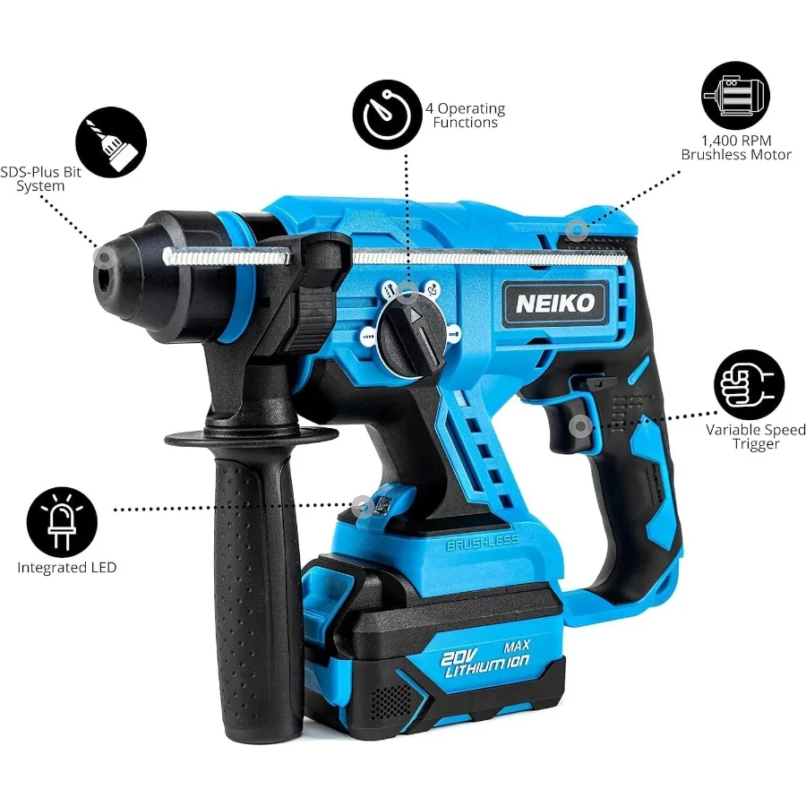 Cordless Rotary Hammer Drill for Heavy-Duty Demolition and Construction Applications with 20-Volt Li-ion Rechargeable Battery F