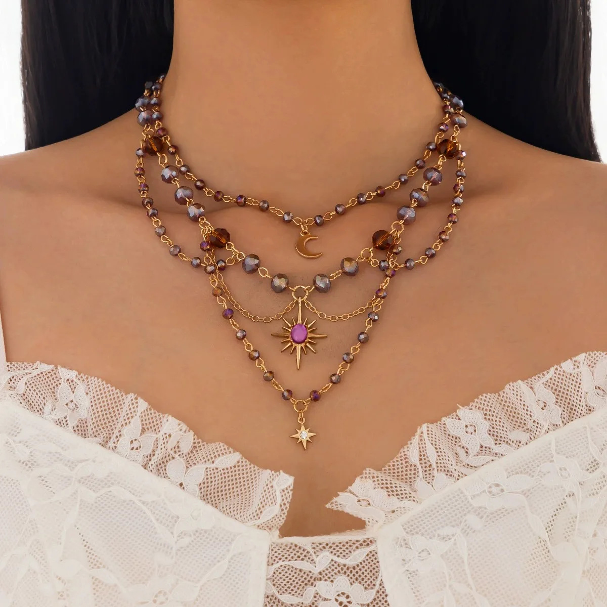 人気の甘いスタイルのジュエリー、月のタッセルペンダントネックレス、小さなフレッシュクリスタルビーズの鎖骨チェーン、多層タイプ 1