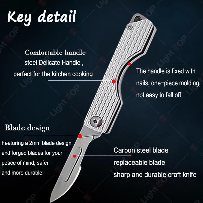 Stainless Steel Folding Knife Mini Keychain Pocket Knife Quick Open Scalpel Knife Replaceable Blades Kitchen Knife Accessories