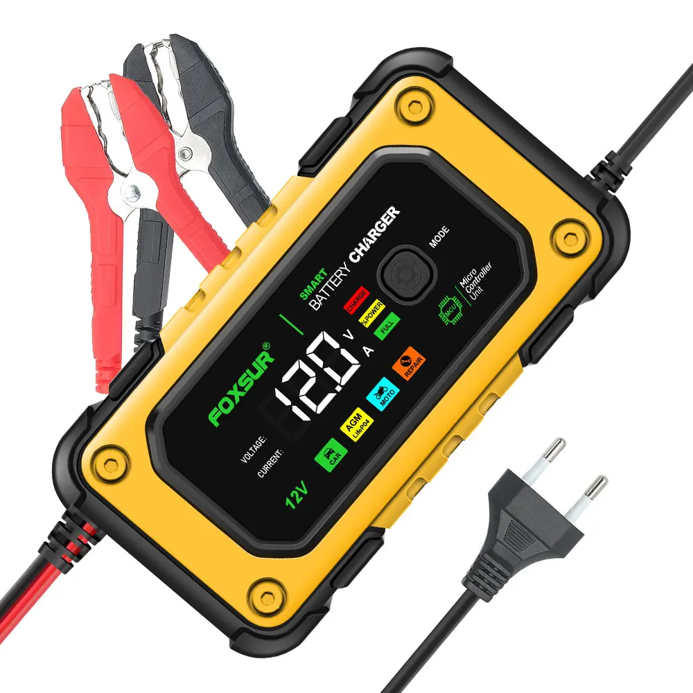 FOXSUR Car Battery Charger 12V 7A Car Motorcycle Smart Battery Charger For AGM LiFePO4 GEL Intelligent Repair Tools