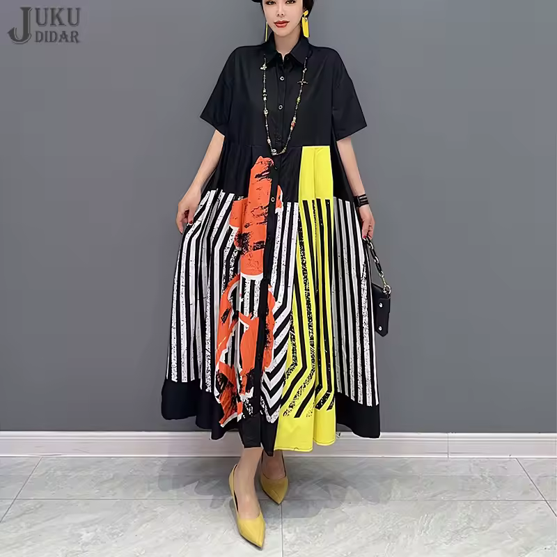 Loose Fit Chic Summer Woman Casual Big Size Black Striped Printed Shirt Dress Korean Style Large Dress Boho Robe Style JJXD327