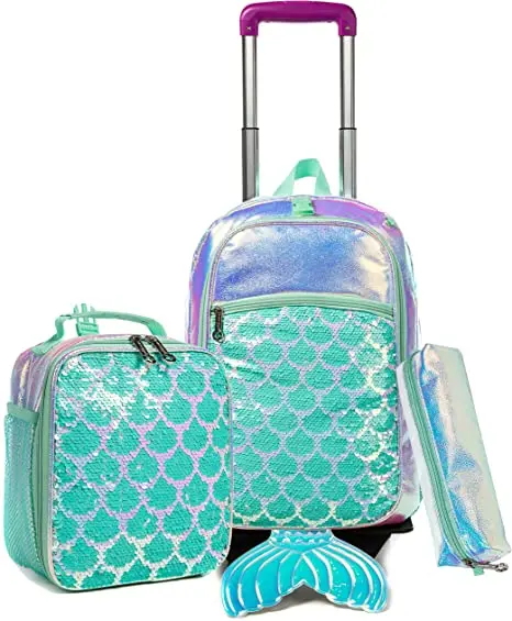 Borsa Trolley scuola con set pranzo al sacco zaino scuola con paillettes per scuola zaino con ruote scuola zaino ruote cartella studente