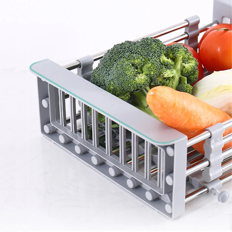 JIT+1pc Stainless Steel Retractable Drain Basket for Kitchen Sink - Multifunctional Water Tank Rack for Vegetable and Fruit - Co