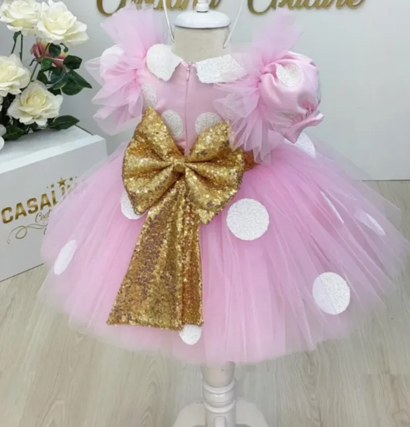 

Cute Baby Girl Birthday Dresses with Sequined Bow Tulle Wedding Party Dress Toddler Kids Puffy Sleeve Tutu Outfit Ball Gown