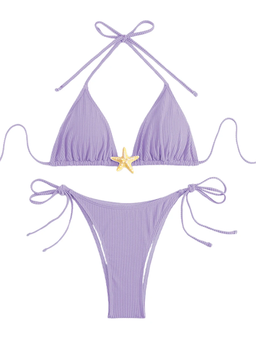 

Women s 2 Piece Swimsuit Set with 3D Starfish Design Tie-up Halter Neck Top and Low Rise Shorts for Beach and Pool Parties