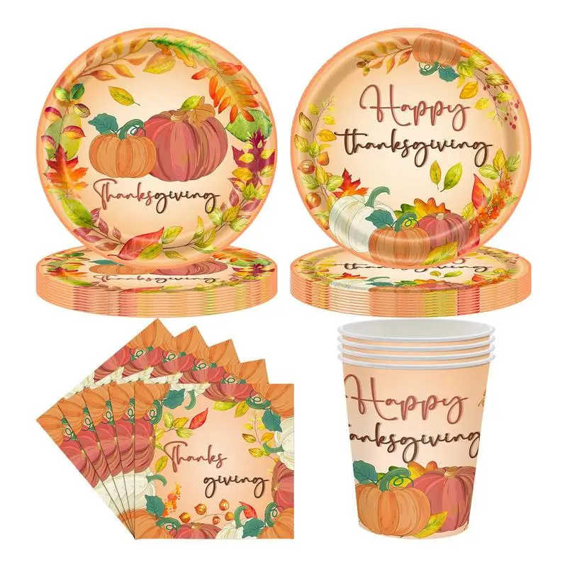 

20PCS Thanksgiving Plates Autumn Pumpkin Leaves Tableware Set Party Plates Dessert Plate Napkin For Autumn Parties Supplies