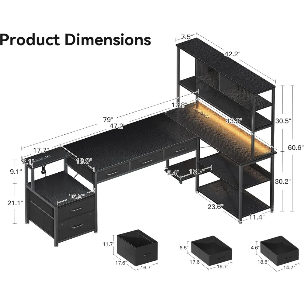 79 inch L Shaped Desk with File Drawers,Reversible Gaming Desk with Power Outlets&LED Lights,Computer Desks with Storage Shelves