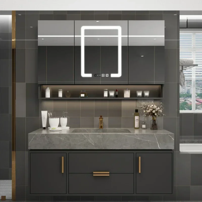 Modern Bathroom Vanity with Slab Ceramic Sink Quick Assembly Metal Handle Wood Floating Bathroom Vanity Cabinet Vanity Bathroom