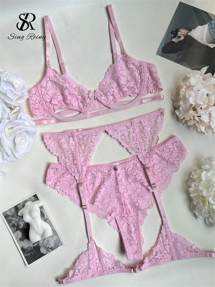 

SINGREINY Lace Transparent Amatory Lingerie Suits Fashion Sheer Garter Slim Sleepwear Women Solid Hollow Out Sexy Underwear Sets