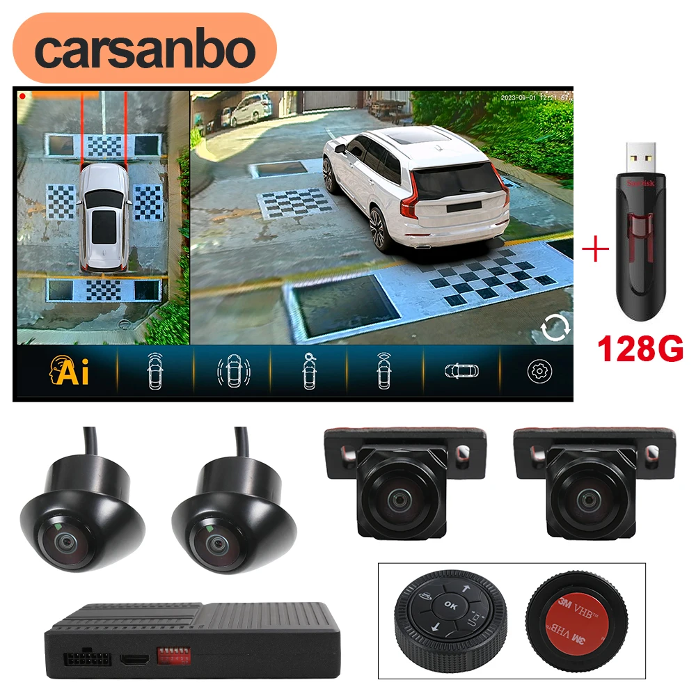 Carsanbo  128G Ai 3D 360° Car Panoramic View Camera Surround View Front Rear Left Right AHD 1080P Cameras and Calibration Cloth