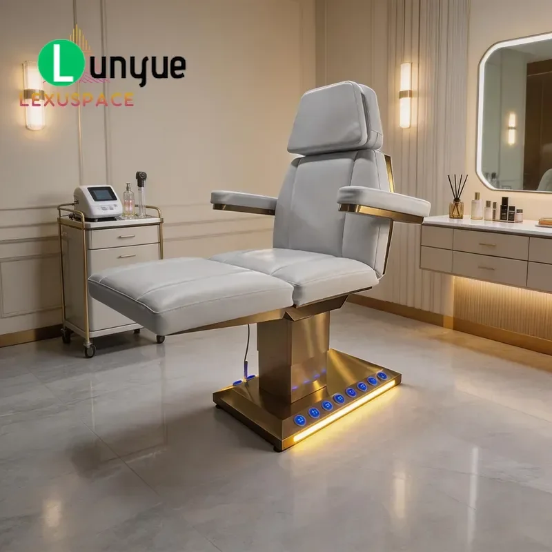 Electric 4 Motor Massage Bed Golden Stainless Steel Base LED Light Modern Medical Beauty Furniture for Spa Treatment