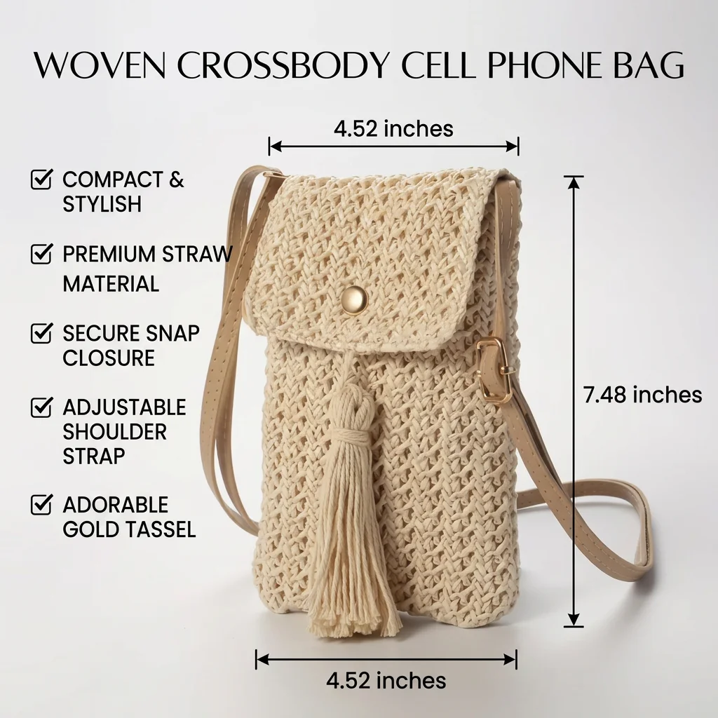 Straw Crossbody Bag Women Mini Woven Shoulder Phone Purse Tassel Boho Summer Beach Holiday Bag Small Messenger Pouch Casual view 6