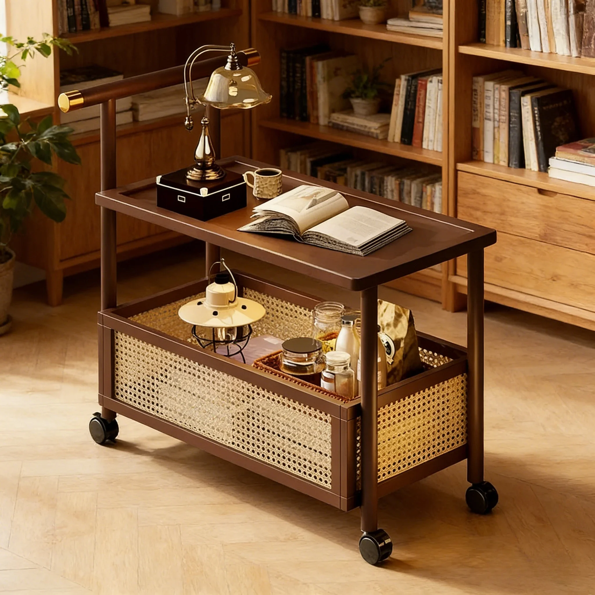 Antique Mobile Sofa Side Table Tea Table Small Push Table Modern Tea Cart Luxury Coffee Balcony Rattan Furniture