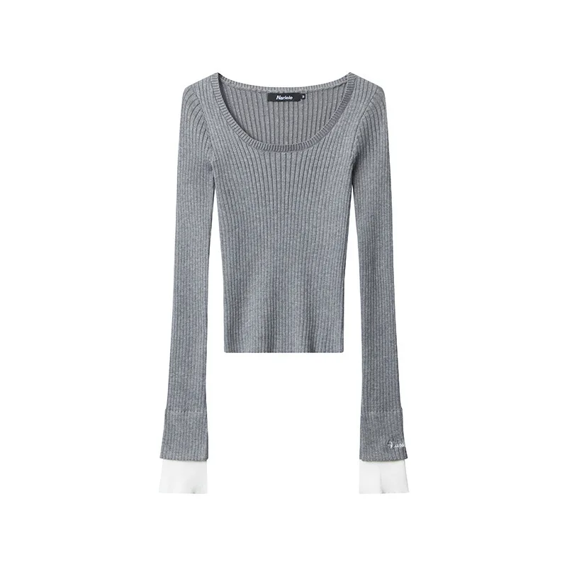 Slim Fit Knit Pullover Women's New Solid Color Casual Simple Style Long Sleeve Square Neck Top