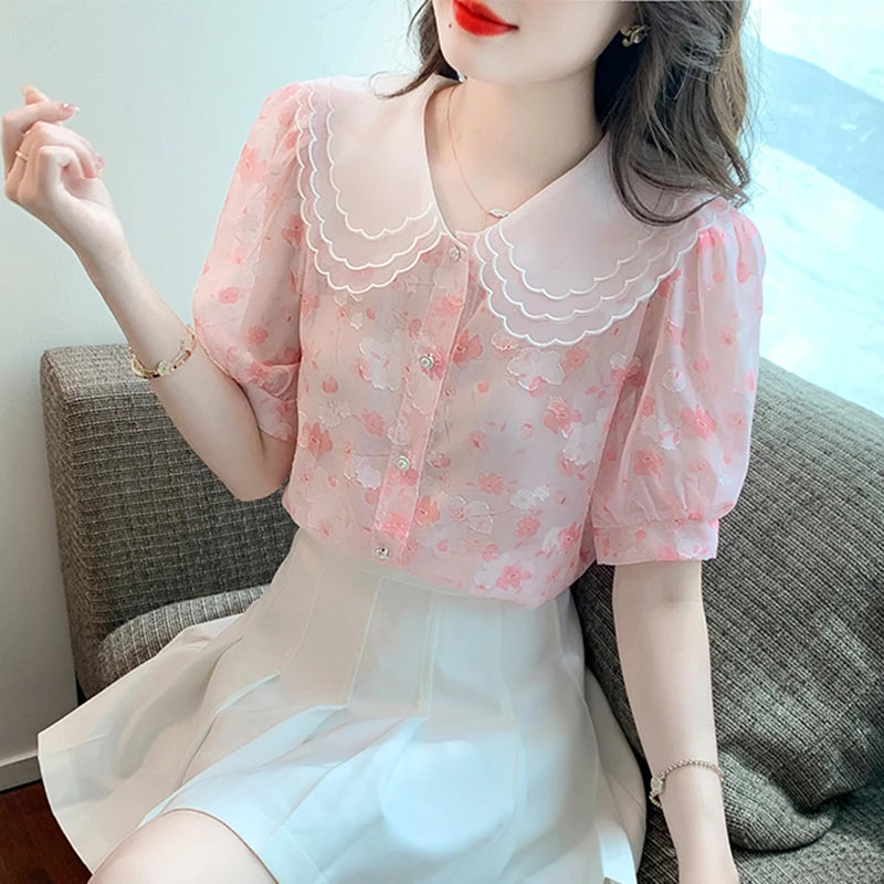 

Women Spring Summer Style Chiffon Blouses Shirts Lady Casual Short Flare Sleeve Peter Pen Collar Collar Chiffon Blusas Tops S28