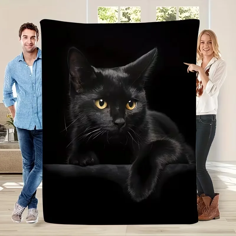 Relaxed Black Cat Themed Pattern Printed Flannel Blanket,Perfect Gift for Family, Ideal for Naps, Camping, Travel,and Home Decor