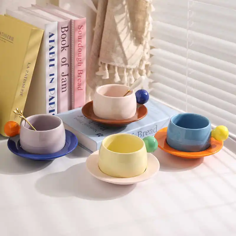 260ml Splicing Color Design Ceramic Coffee Cup Plate Set Creative Exquisite Suspended Afternoon Tea Gift Water Cup And Dish Sets