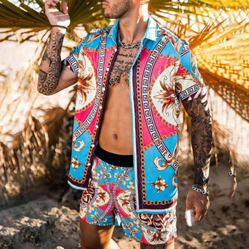 

2024 Men Sets Print Lapel Short Sleeve Casual Shirt Beach Shorts Summer Streetwear Vacation Hawaiian Suits Men S-3XL