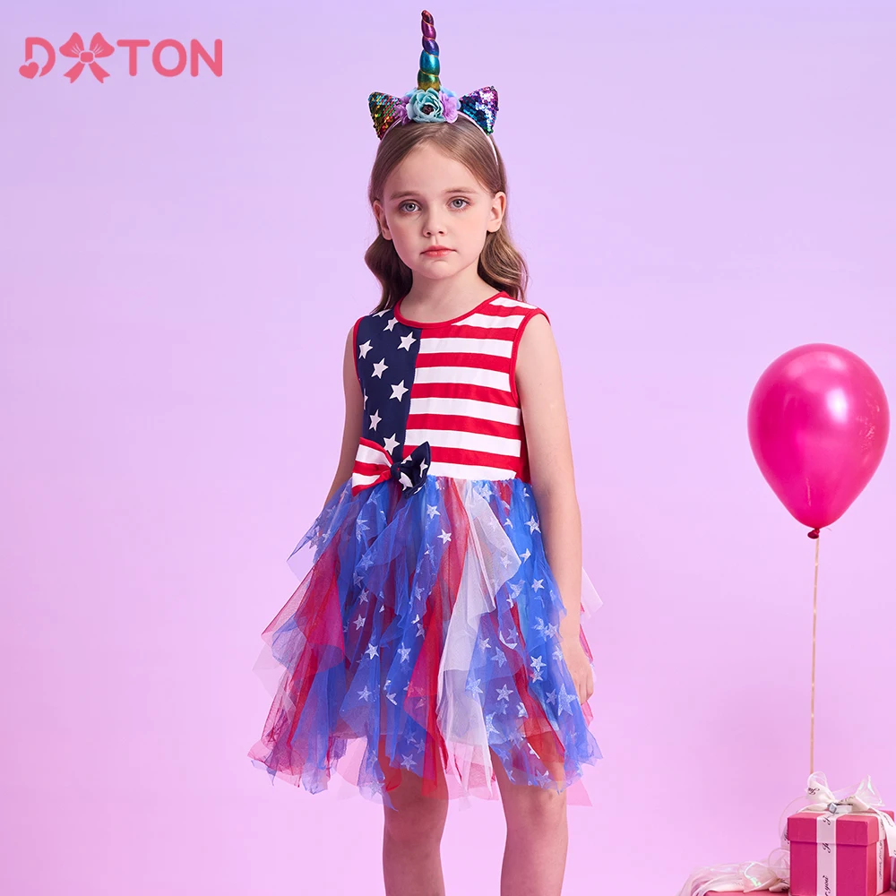 

DXTON New Summer Girls Dresses Striped Flag Print Sleeveless Children Dress Vacation Princess Dress Festival Kids Party Costumes