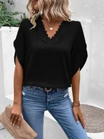 Fashion V Neck Short Sleeve Shirt Blouse Office Lady Spring Summer Casual Loose Solid Lace Blouses For Women 2023 Elegant Tops 6