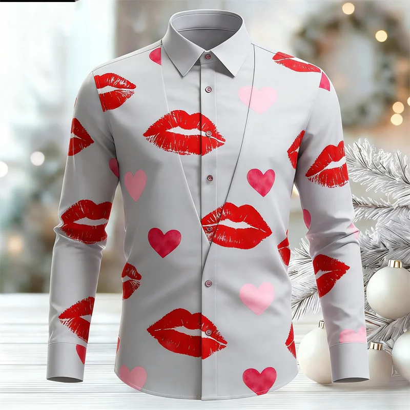 

Новая мужская рубашка с длинными рукавами, повседневная и модная высококачественная рубашка с длинными рукавами с 3D принтом в форме сердца и лацканами