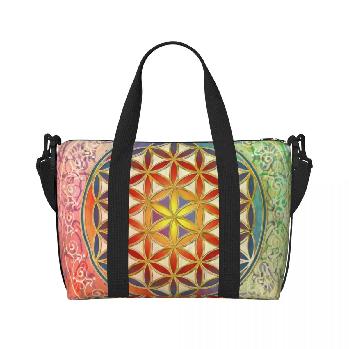 Custom Flower Of Life Vintage Geometric Beach Tote Bag Women Extra Large Gym Carry On Mandala Travel Shopping Bags